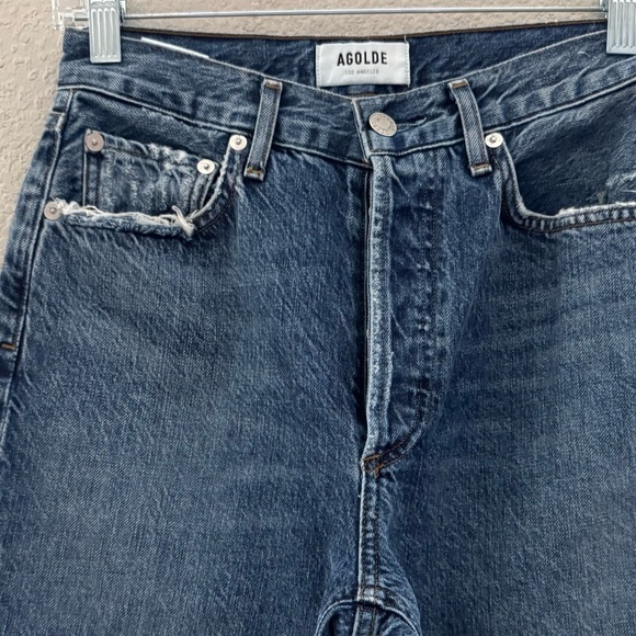 Agolde Riley Jeans 25 Denim Blue High Crop Straight Raw Hem Button Fly Classic - Picture 8 of 12